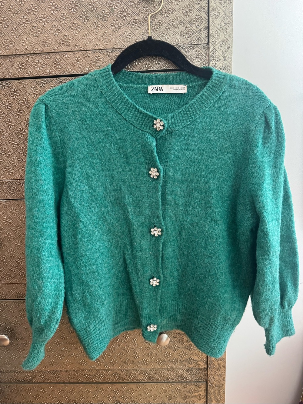 Zara Green Rhinestone Floral-Button Crewneck Cardigan SZ S